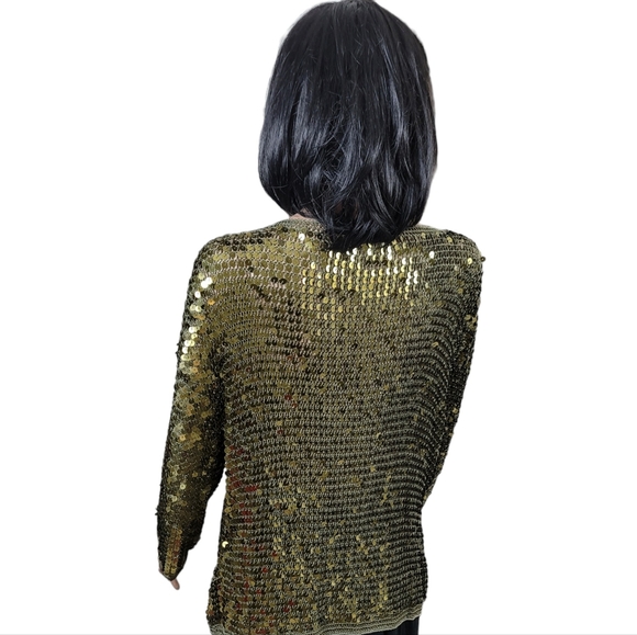 Zashi Sparkling Khaki Green/Gold Sequined Cardigan Top Sz L - Picture 2 of 9